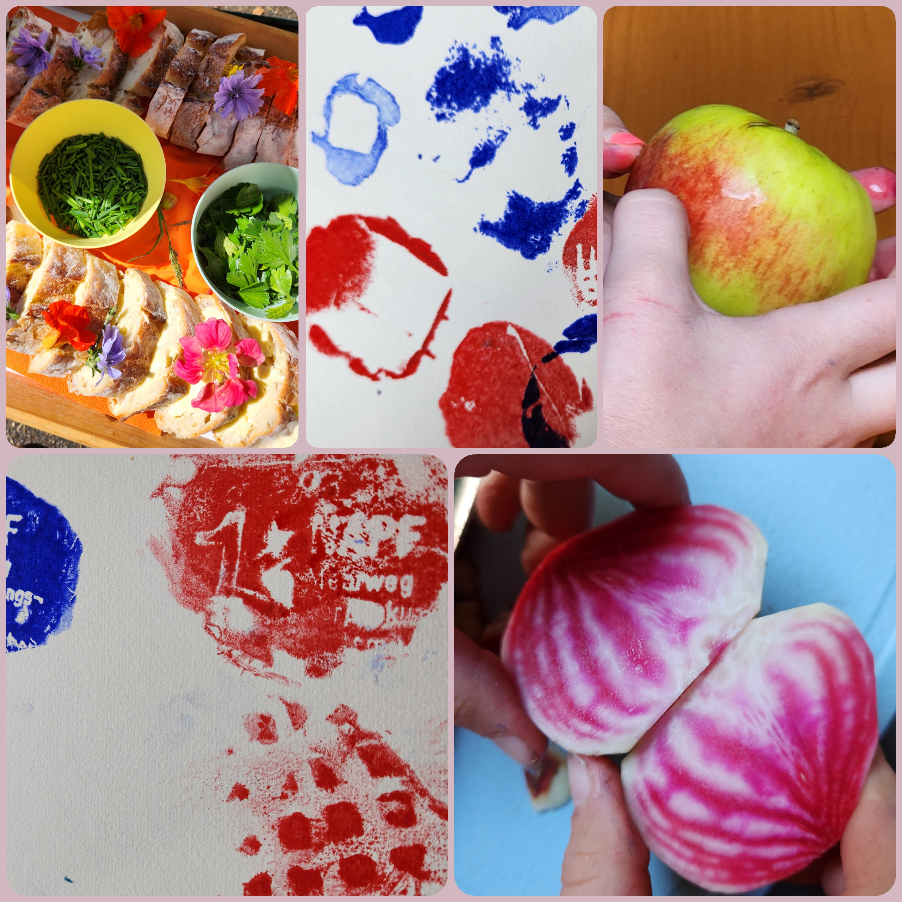 Collage aus Fotos, Kinderhände beim Apfeldruck